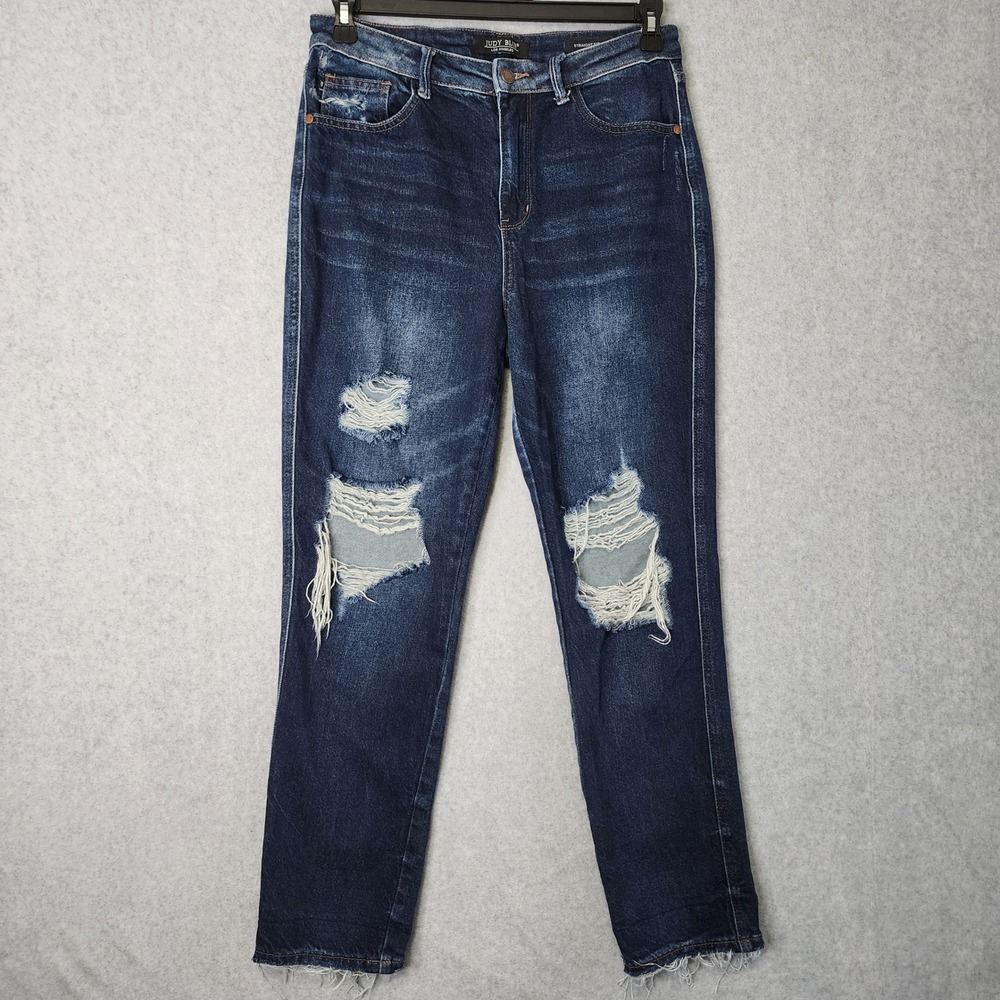 Judy Blue Straight Fit Jeans 9/29 Dark Wash Distressed Ripped Raw Hem JB88819DK